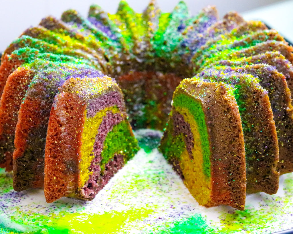 Gluten Free King Cake Inspired Mardi Gras Pound Cake